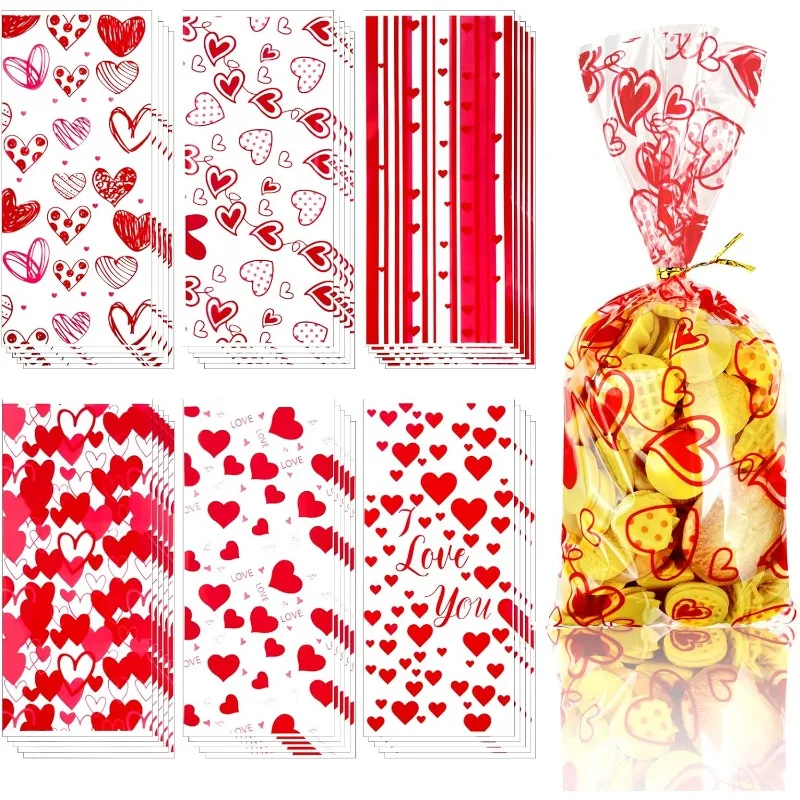 

100Piece Valentine Cellophane Candy Bags 6 Assorted Styles Love Heart Treat Bags with Gold Twist Ties for Wedding Party Supplies