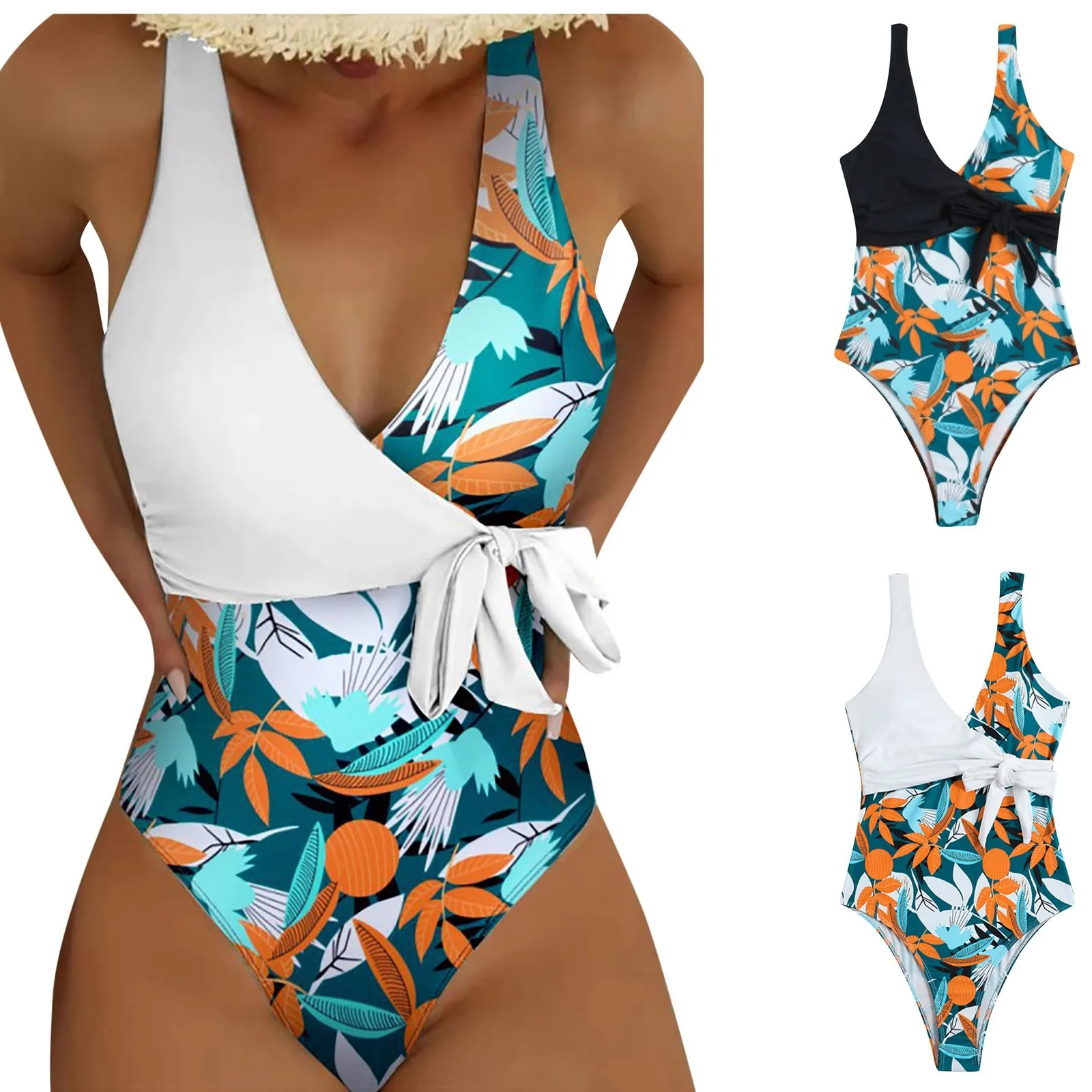 

Женский купальник, привлекательный слитный купальник бикини разных цветов со шнуровкой и летящими краями, Сексуальная Пляжная накидка с принтом для женщин бикини