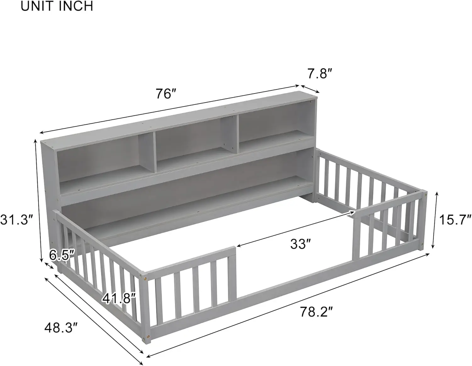 Kids Montessori Floor Bed,Twin Size Floor Bed with Bookcase and Shelves,Twin Bed Frame 2