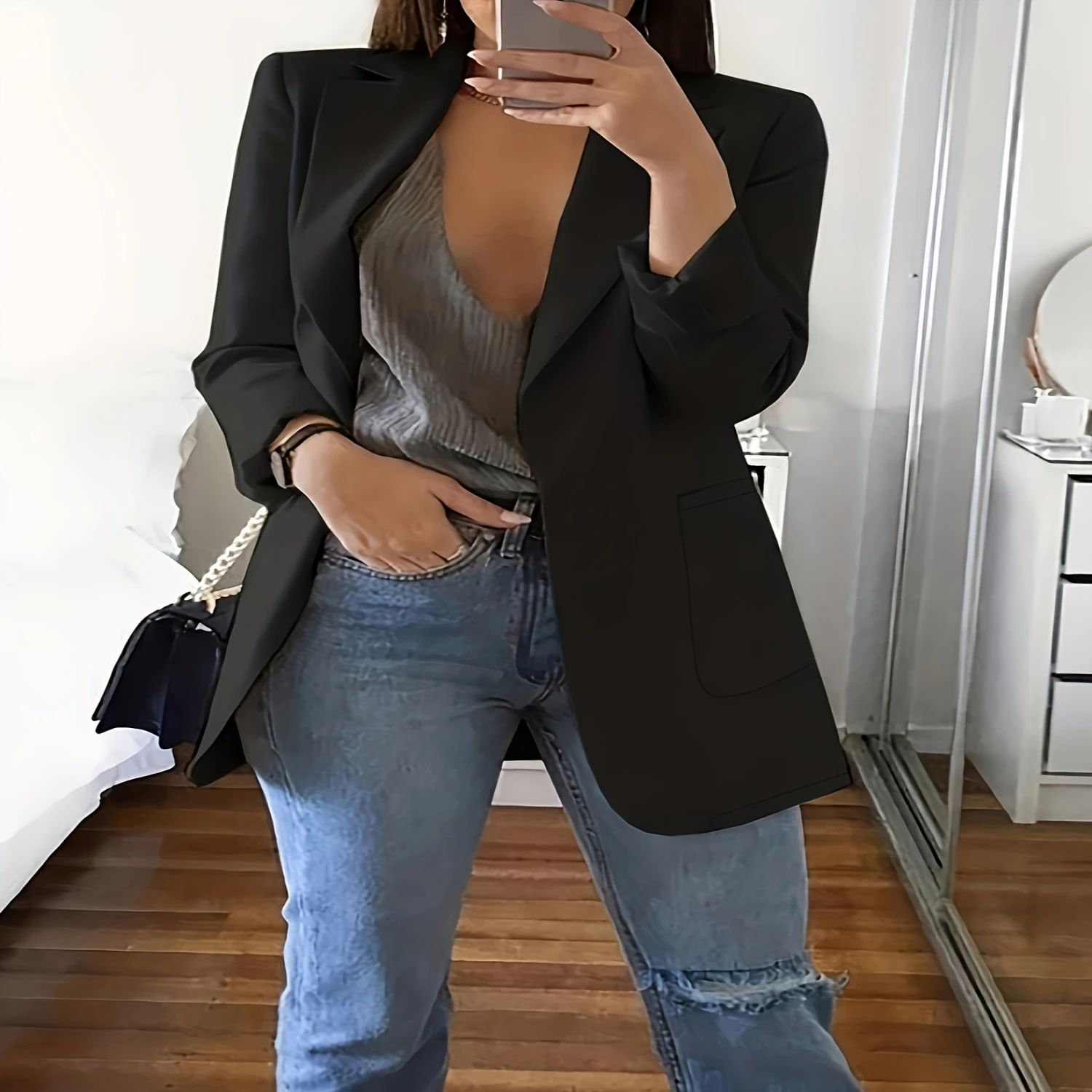 Solid Open Front Blazer, Elegant Lapel Long Sleeve Blazer For Office & Work, Women's Clothing