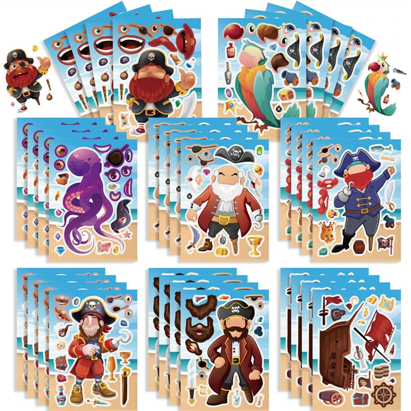 8-24sheet Maak Je Eigen Piratenstickers Voor Jongens Meisjes Diy Captain Face Puzzel Puzzel Puzzel Kinderen Verjaardagsfeestje Gunst Benodigdheden