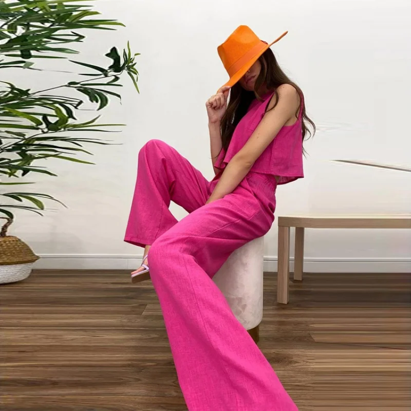 insStyle Summer New Solid Color Sleeveless Green Top Flared Pants Suit Commuter Fashion Women's ClothingWlj