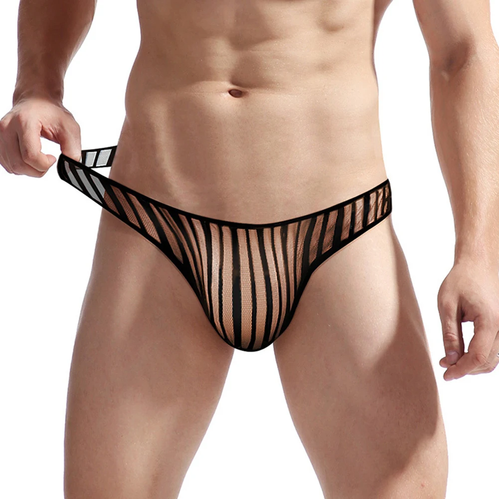 

Sexy Men Underwear Striped Transparent Thong Mesh Sheer Bugle Pouch Bikini Briefs Sissy Elastic Underpants Quickly Dry Panties