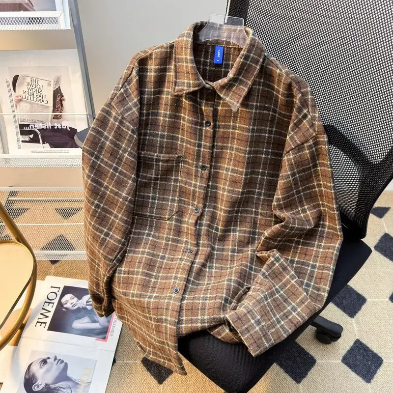 Retro American Plaid Long Sleeve Men's Shirt Spring Autumn Unbranded Lazy Trendy Simple Harajuku Fashion Youth Casual Cotton...