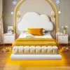 Twin Bed Frames with Cloud Headboard, Upholstered Boucle Floating Platform Bed with LED Lights, Solid Wooden Slats Support 1