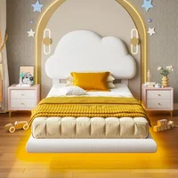 Twin Bed Frames with Cloud Headboard, Upholstered Boucle Floating Platform Bed with LED Lights, Solid Wooden Slats Support 1