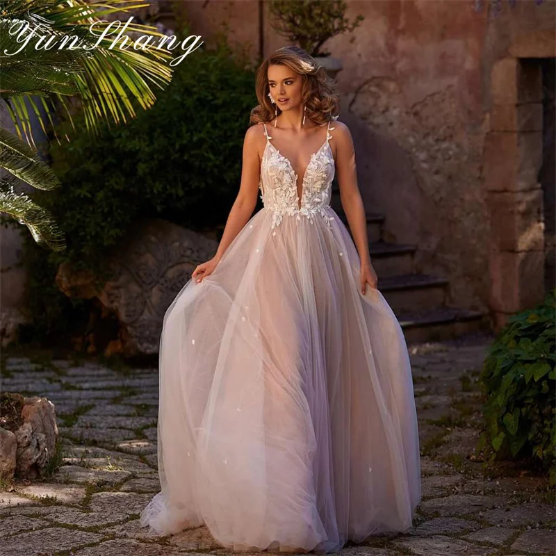 

Yunshang Elegant A-Line Wedding Dress Women 2024 Lace Open Back V-Neck Spaghetti Straps Bridal Gown Sweep Train VestidosDe Novia