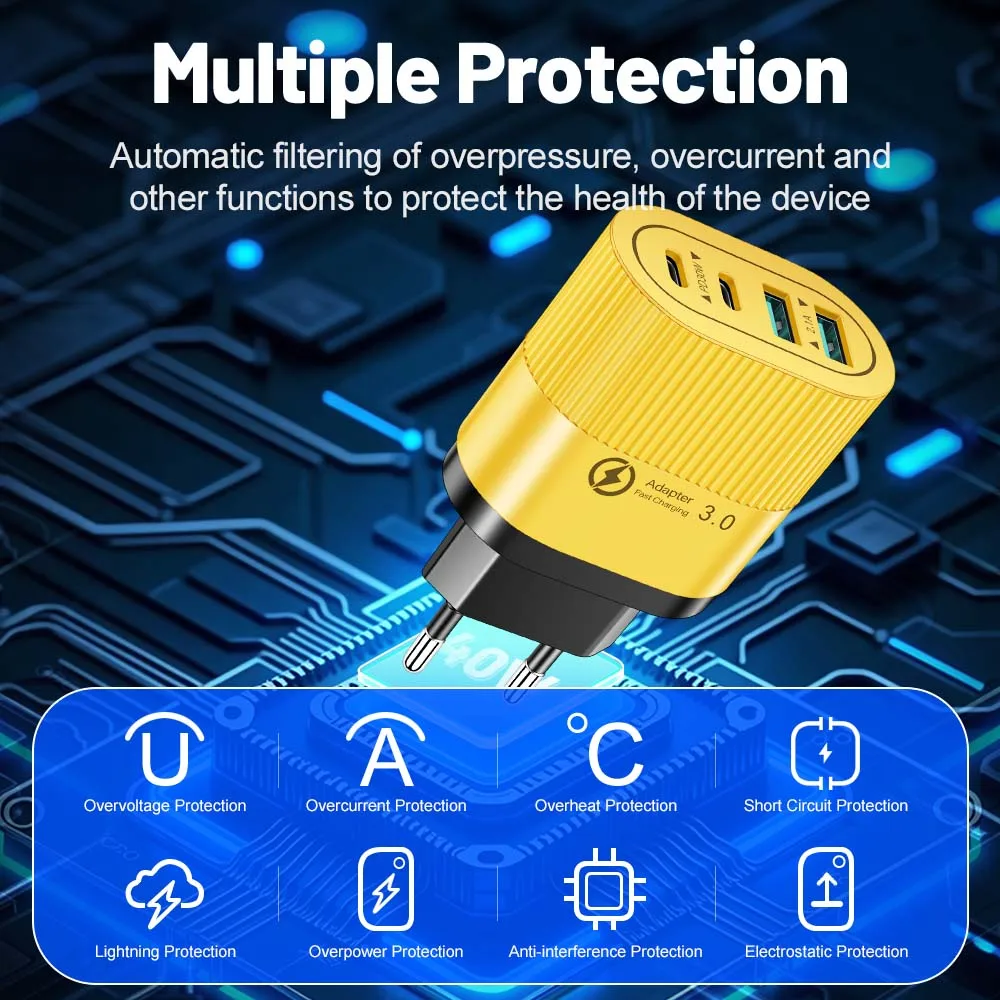 40W USB Charger 4 Ports QC3.0 Mobile Phone Charger Adapter For EU/US/UK Plug iPhone Samsung Xiaomi Wall Mobile Charger