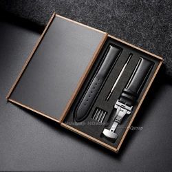 Elegant Calfskin Watch Band with Butterfly Clasp - 22mm (Black - silver)