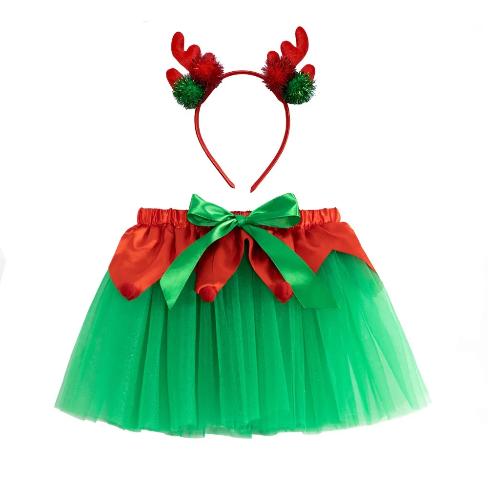 Kids Girl Tutu Skirts Girl Christmas Clothes Red Green Xmas Baby Performance Skirt Hairband