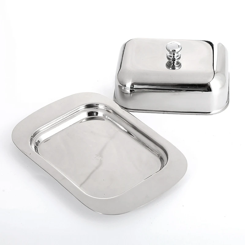 Stainless Steel Butter Dish Box Container Shiny Cheese Server Storage Keeper Tray with Easy to Hold Lid butter