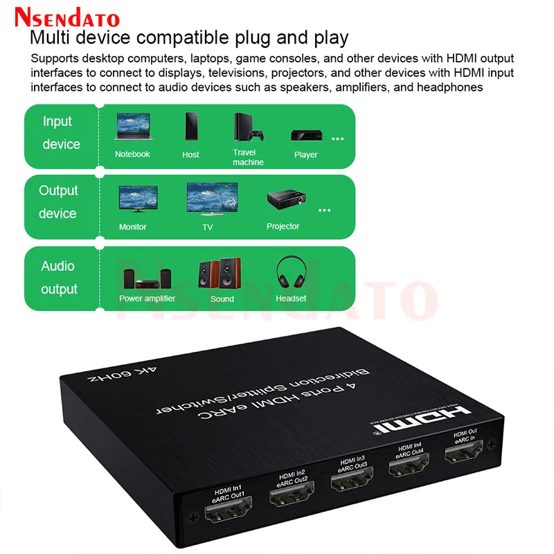 2 4 Port Bi direction HDMI eARC Audio Extractor Switch 4K 60Hz HDMI Toslink SPDIF COAXIAL 5.1CH HDMI Audio Switcher Splitter