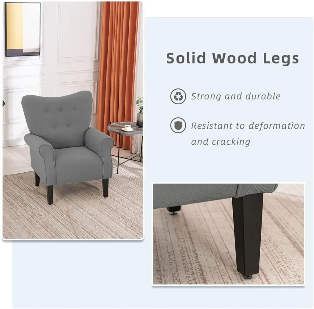 Modern Accent Chair, High Back Armchair, Upholstered Fabric Sofa with Wooden Legs for Living Room, Bedroom, Grey