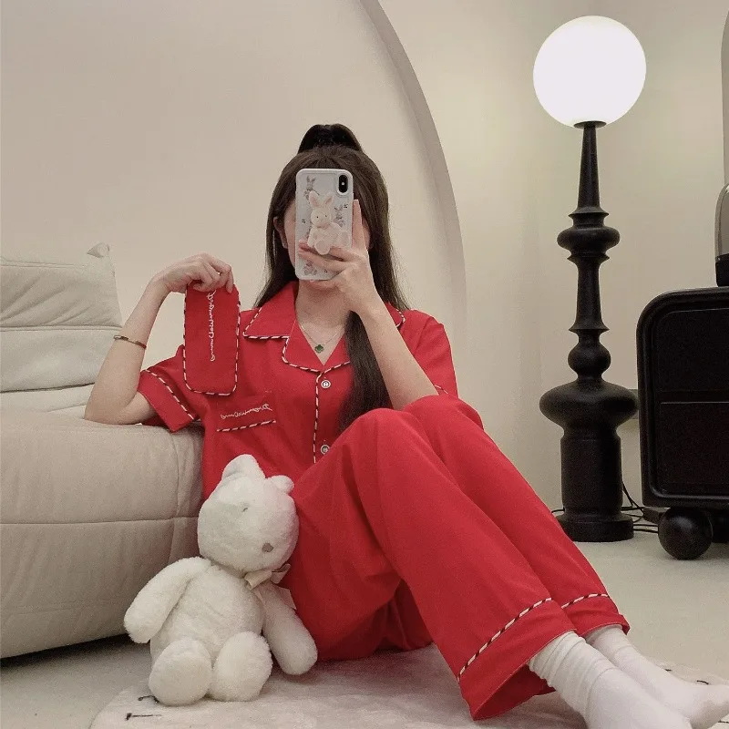Summer Light Luxury Pajamas Women's Short Sleeved Sleepwear Ice Silk Casual Button Homewear V-neck Cardigan Thin Loungewear Set
