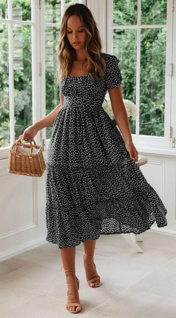 Vestidos Vintage Print Puff Sleeve Summer Beach Sweet Dresses Casual Square Collar Floral Maxi Long Dress 2022 Festa 