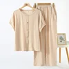 Muslin 100% Cotton Gauze 2 Piece Sets Womens Outfits Button Up Short Sleeve Tees + Long Trouser Sets Comfortable Tracksuit 1