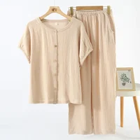 Muslin 100% Cotton Gauze 2 Piece Sets Womens Outfits Button Up Short Sleeve Tees + Long Trouser Sets Comfortable Tracksuit 1