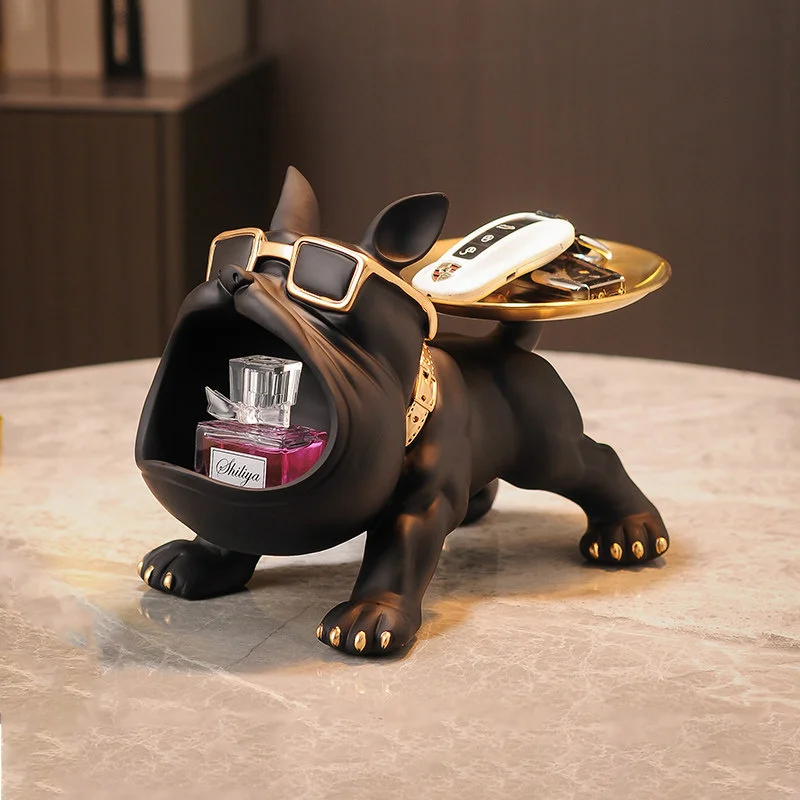 Decor Sculpture Dog Big Mouth French Bulldog Butler with Metal Tray Table Decoration Statue for