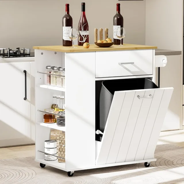 Rolling Kitchen Island with Trash Can Storage, Portable Kitchen Island on Wheels with Towel Rack & Spice Rack, Tilt Out Trash Ca