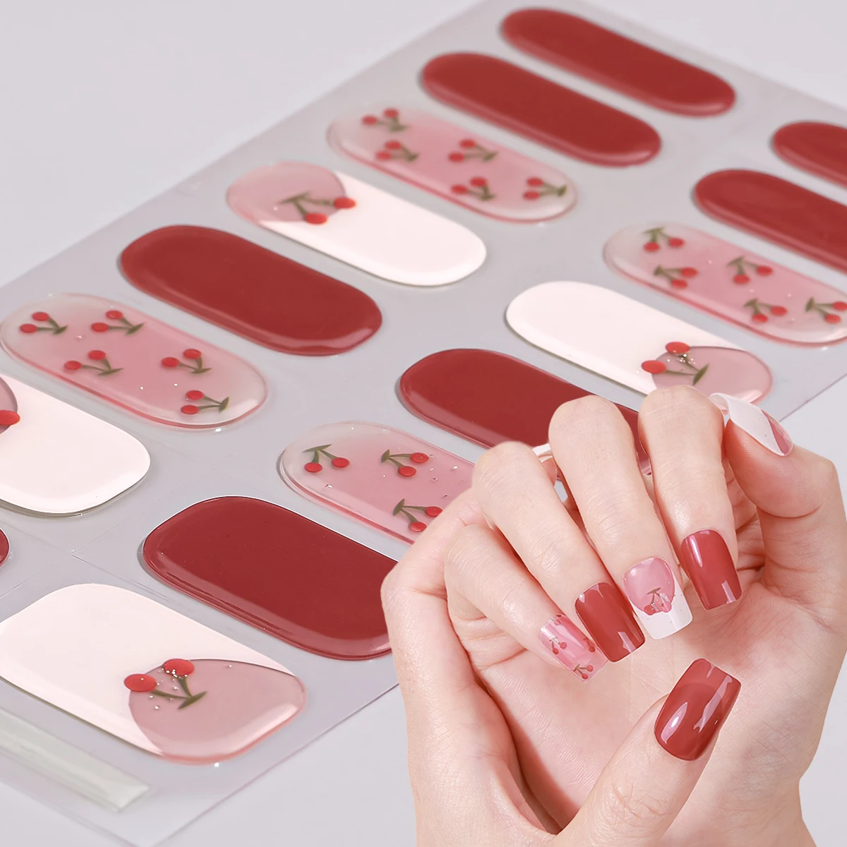 French Cherry Semi-Cured Gel Nail Wraps 16Tips Summer Bow star Full Cover UV Lamp Gel Nail Sticker Long-Lasting Strips