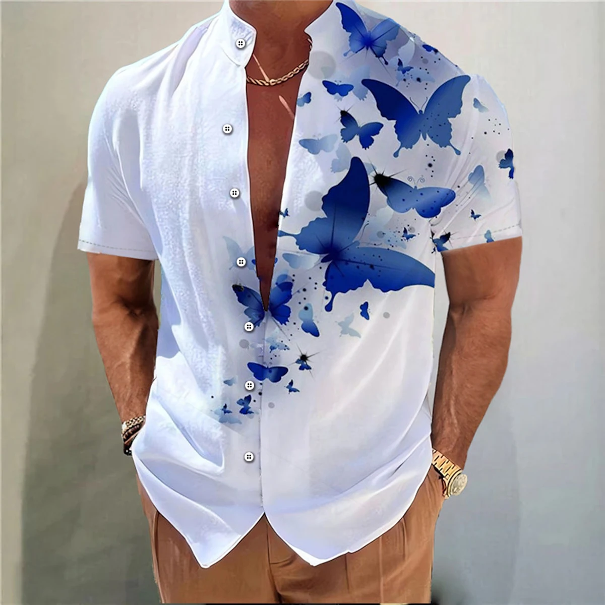 Casual Short Sleeved Shirt Short Sleeved Shirt Hawaiian Shirt Men's shirt butterfly pattern 3D printing stand collar multi-color outdoor street short sleeve Hawaiian large size shirt XS-6XL