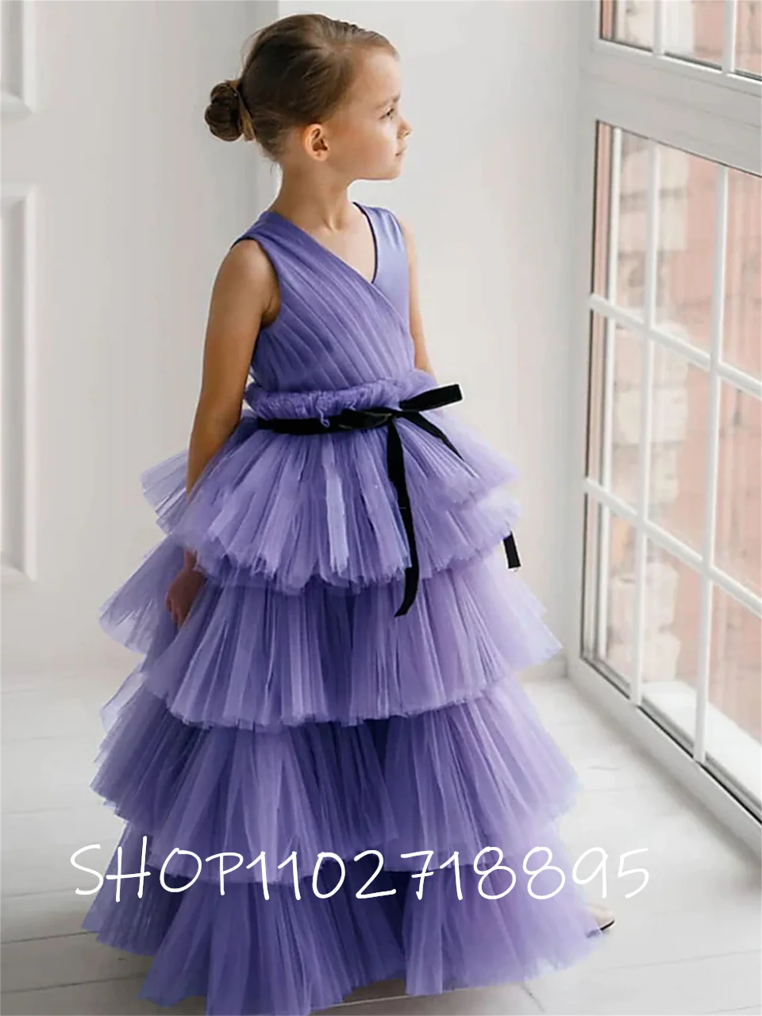 

Purple V-Neck Flower Girl Dresses 2022 Tulle Bow Tiered Pleated Ball Gown For Kids Birthday Party Dress Vestidos De Novia