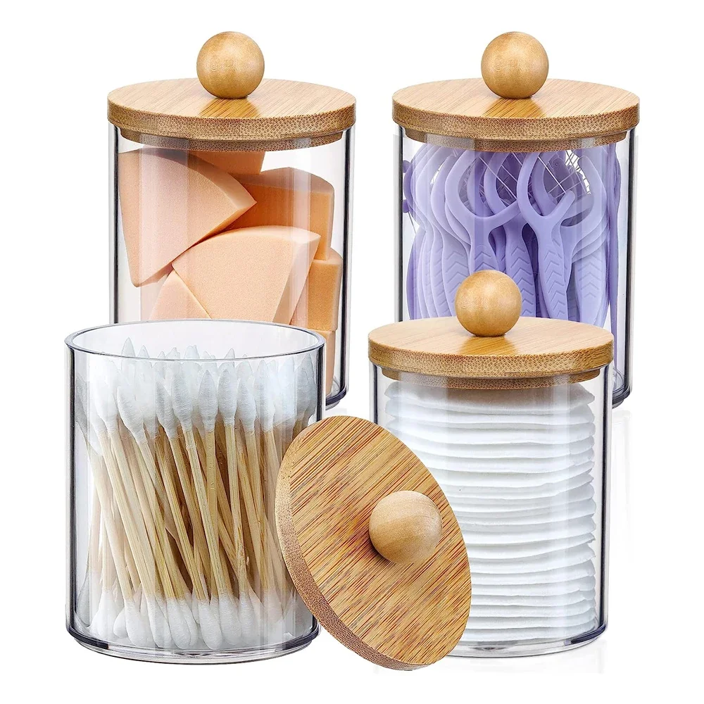 

Holder Dispenser with Bamboo Lids Clear Plastic Apothecary Jar Containers for Makeup Organizer Storage for Cotton Swab,Ball,Pads