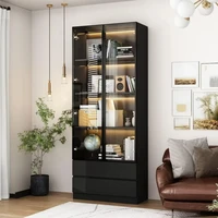 Display Cabinet, with 2 Glass Doors and Lights, Display Case Cabinet with 4-Tier Storage Shelves and 2 Drawers, Pop-up Design 1