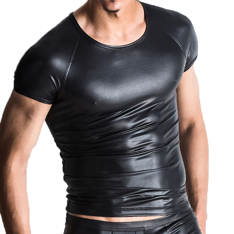 Suit Sexy Faux Leather Short Sleeve Tee T-shirt Tops Sex Gay Men Fetish Wear Undershirts Clubwear Costumes Party Clothing Shorts