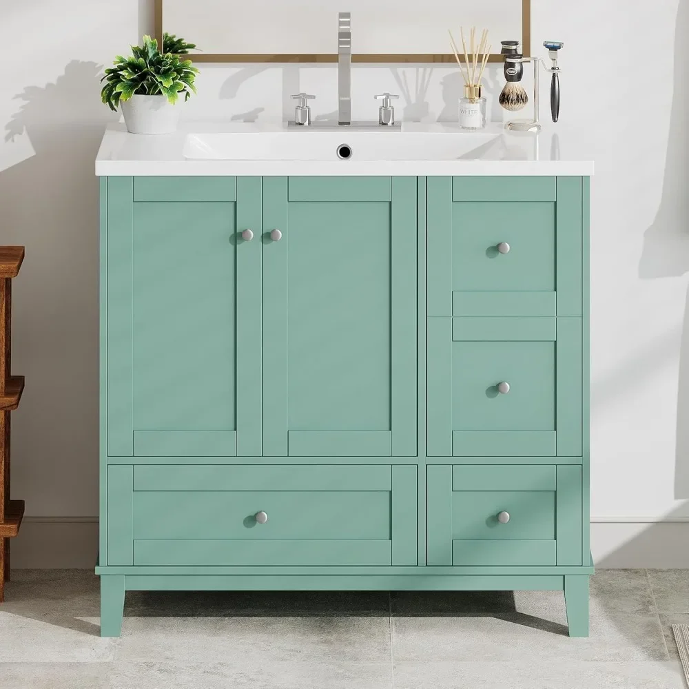 36" Modern  with USB Charging, Two Doors and Three Drawers , Small Bathroom Vanity Cabinet with Single Sink, Green 4