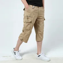 

Men Calf-Length Pants Summer Pocket Stitching Shorts Men's Mid Waist Straight Outdoor Pants Streetwear Overalls Cargo Pants