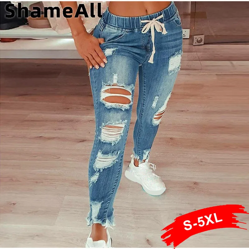 Pantalones vaqueros talla grande para mujer, Jeans ajustados rasgados de estilo europeo y americano para chicas adolescentes, 2021 - AliExpress Ropa de mujer