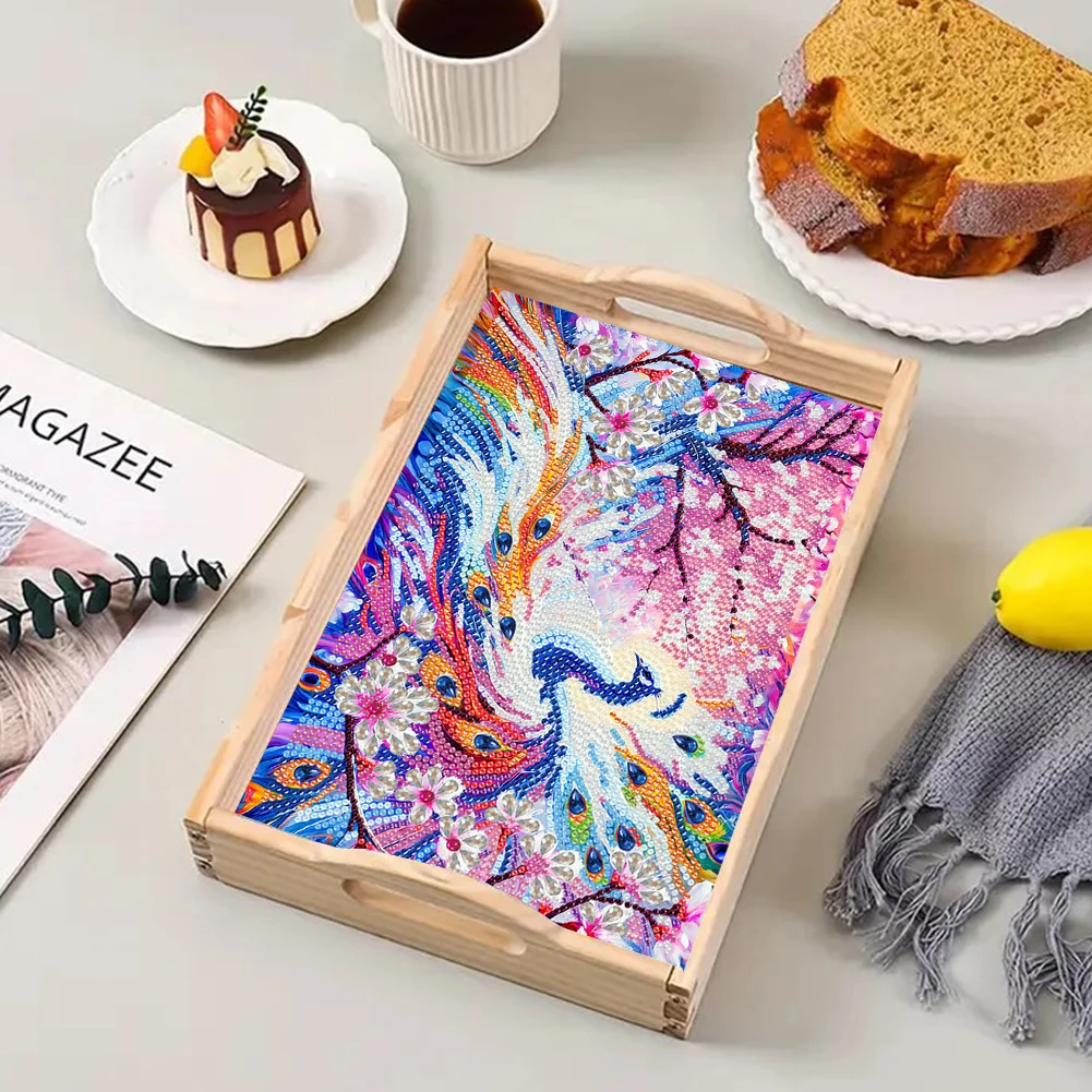 Wooden Beautiful Pattern 5D DIY Diamond Painting Serving Tray with Handle DIY Diamond Painting Food Tray Kit for Coffee Table