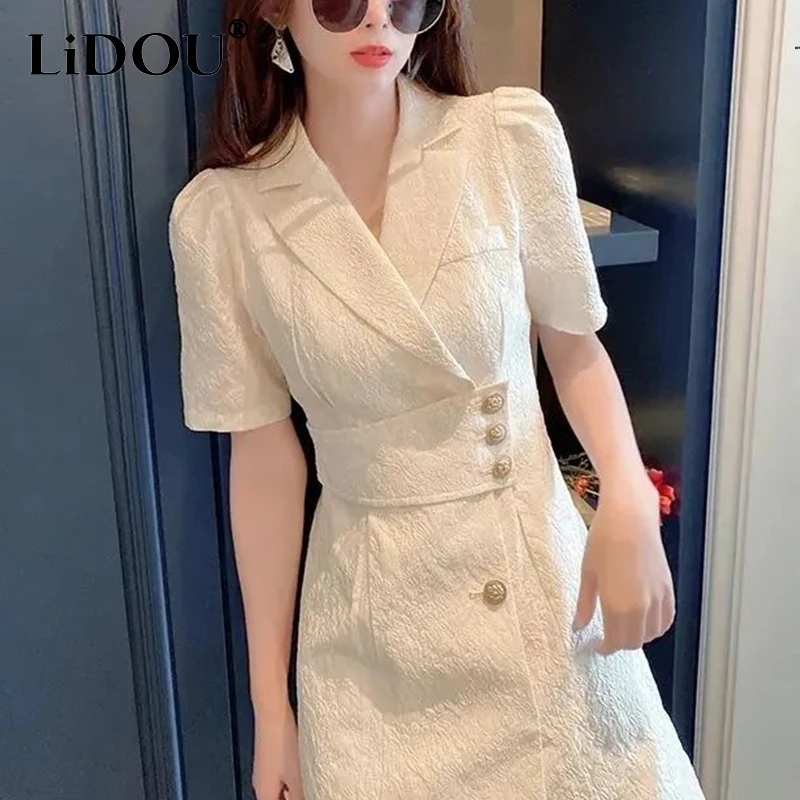 

Summer New Elegant Fashion Turn Down Collar Buttons Waist Suit Dress Ladies Temperament Evening Party Short Sleeve Robe Vestidos