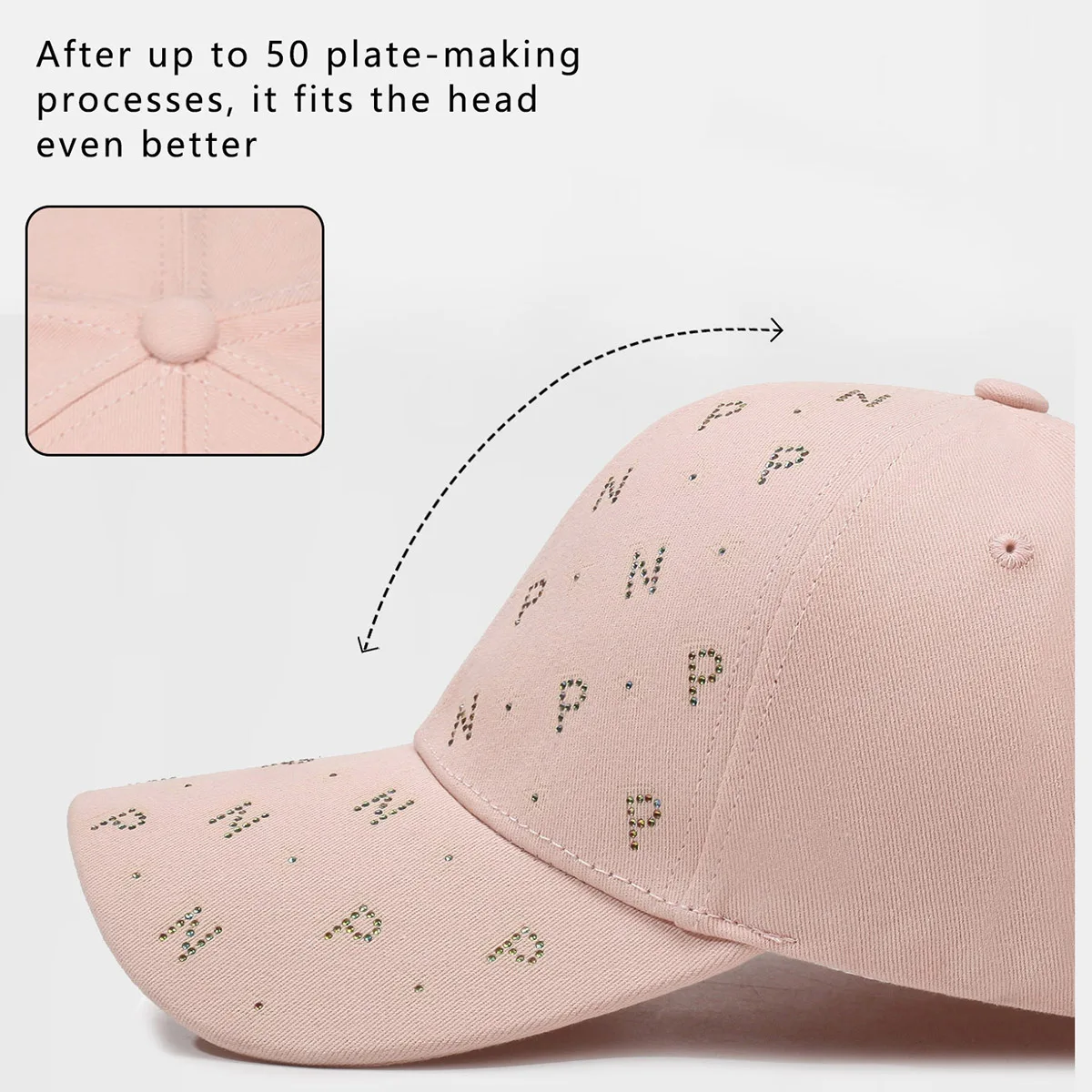 Deep-Top Baseball Hat for Women with Hard Top, Large Head Circumference, Small Face, Summer New Sunshade, Outdoor Letters, Hot Diamond Peaked Hat, Travel and Work Clothing