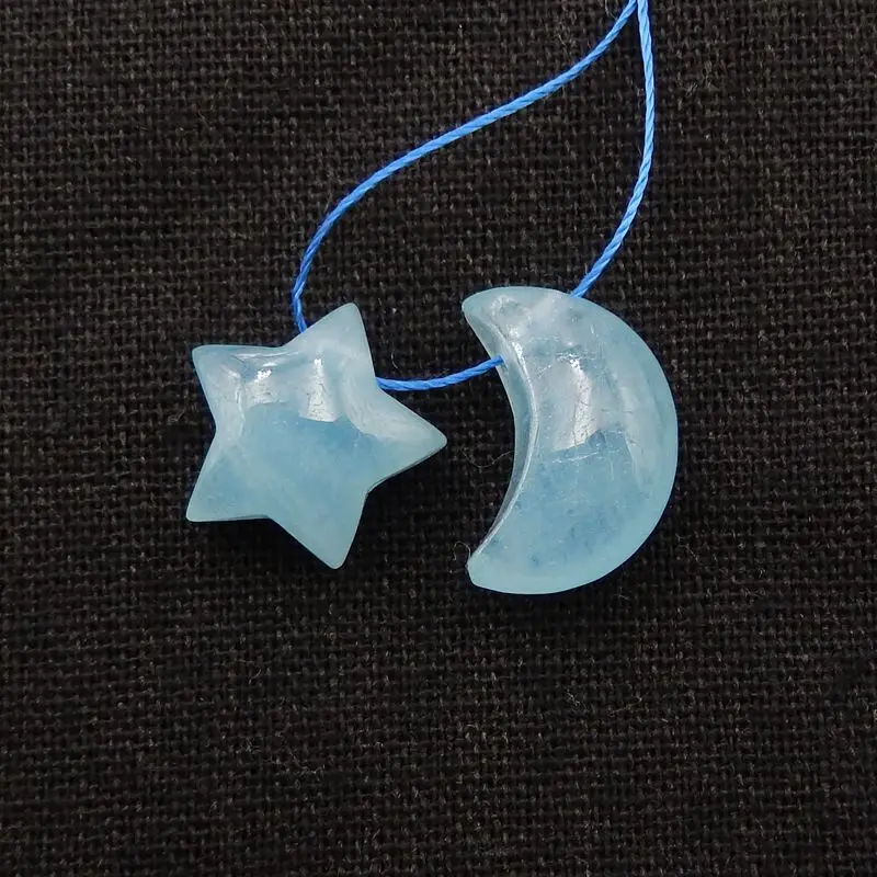 2Pcs Natural Stone Precious Blue Aquamarine Fashion Jewelry Star Moon Necklace Accessories Pendant Beads 16x11x7mm 3g