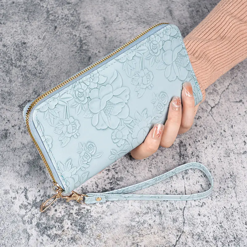 Floral Embossed Leather Women's Long Wallet – Hand-Painted Design with Phone and Card Holder