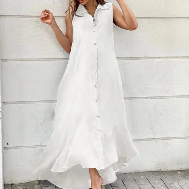 

Blue Shirt Dress Women Summer Clothing Elegant Fashion Lapel Sleeveless Cotton Linen Big Swing Long Dresses Vestidos De Mujer