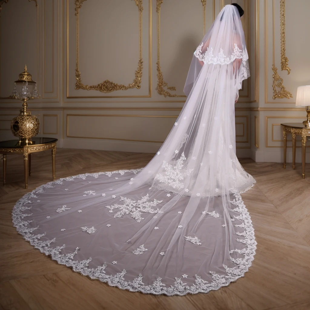 

V77 3M Long Cathedral Wedding Veil 2 Tier Bridal Veil Classic Snow White Veil with Blusher Soft Tulle in Spanish Mantilla Style