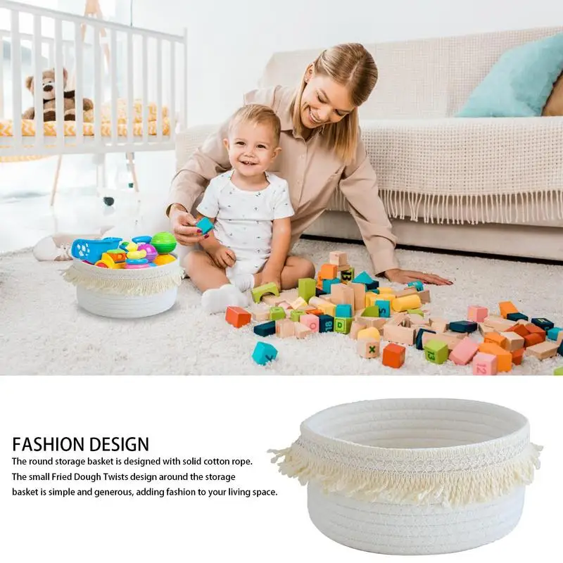 

Handwoven Round Cotton Rope Basket Fruit Tea Snack Bread Picnic Cosmetic Organizers Storage Box Kitchen Supplies Household Tools