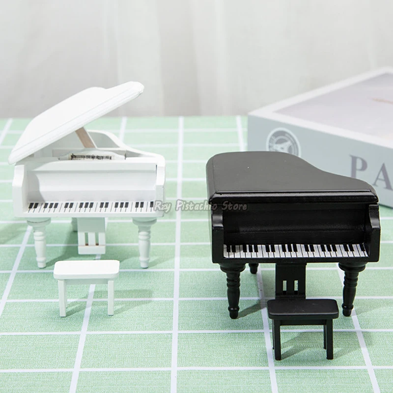 

Miniature Toy Doll Musical Instruments 1/12 Mini White Black Grand Piano Stand with Stool Chair Model for Dollhouse Accessories