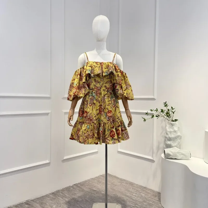 

2024 New Spring Summer Puff Sleeve Strap Frill Folds Mini Short Dress Top Quality Yellow Vintage Floral Printing Woman Clothing