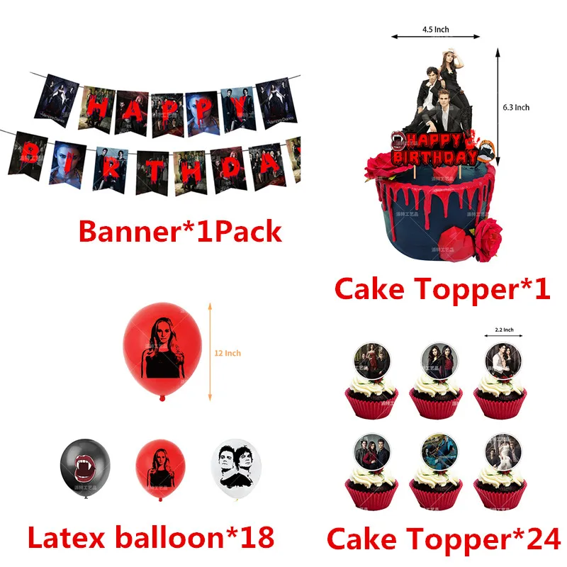 

1Set The Vampire Diaries Theme Holiday Party Supplies Kids Birthday Banner Balloon Cake Topper Baby Shower DIY Party Decorations