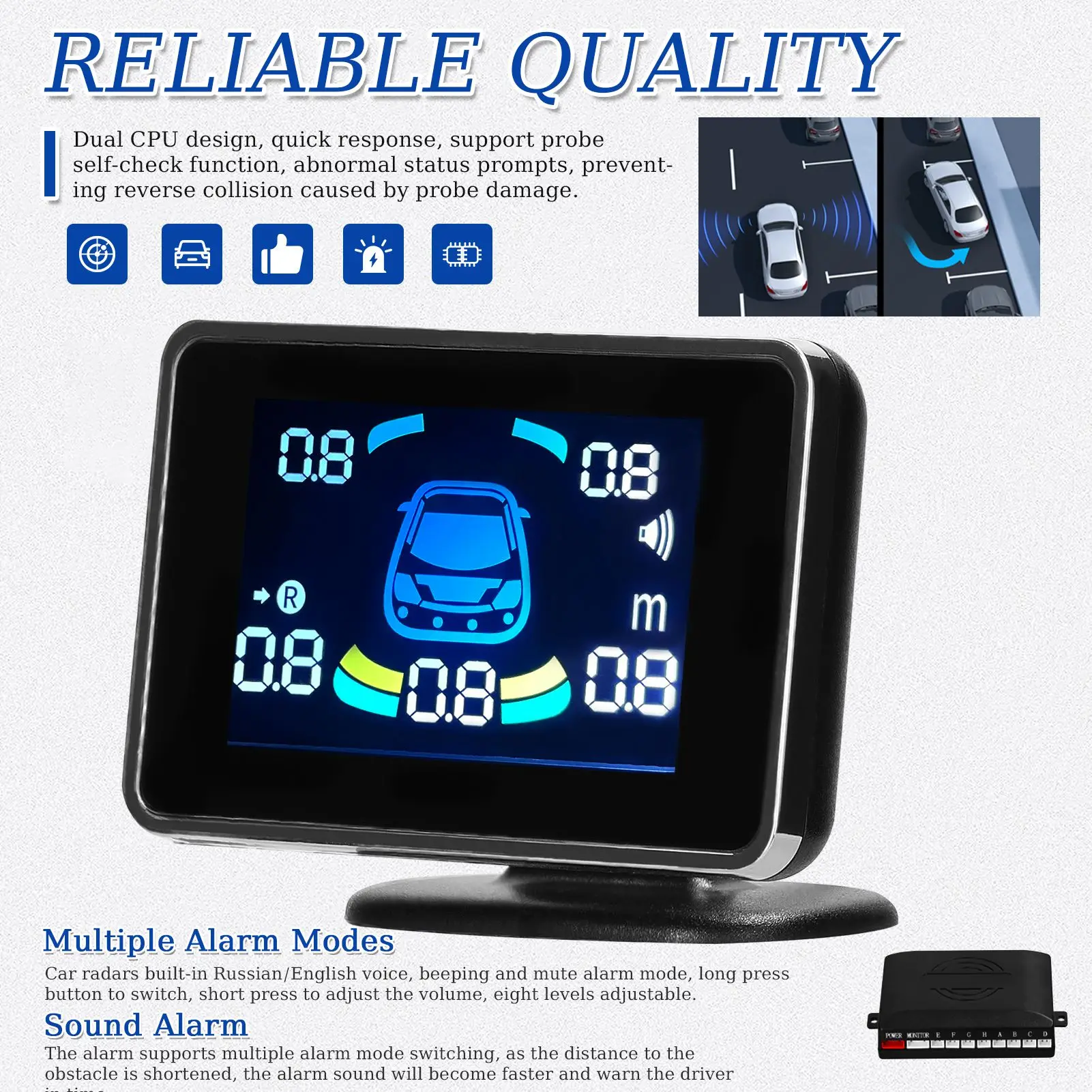 Car Parking Sensor Reversing Radars Front & Rear Support Sound Warning/Buzzer/Mute with 8 Parking Sensors Distance Detection