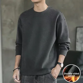 Double-sided Fleece Long Sleeve T-shirt For Men Autumn Winter New Style Round Neck Loose-fit Top Inner Warm Base Layer 1