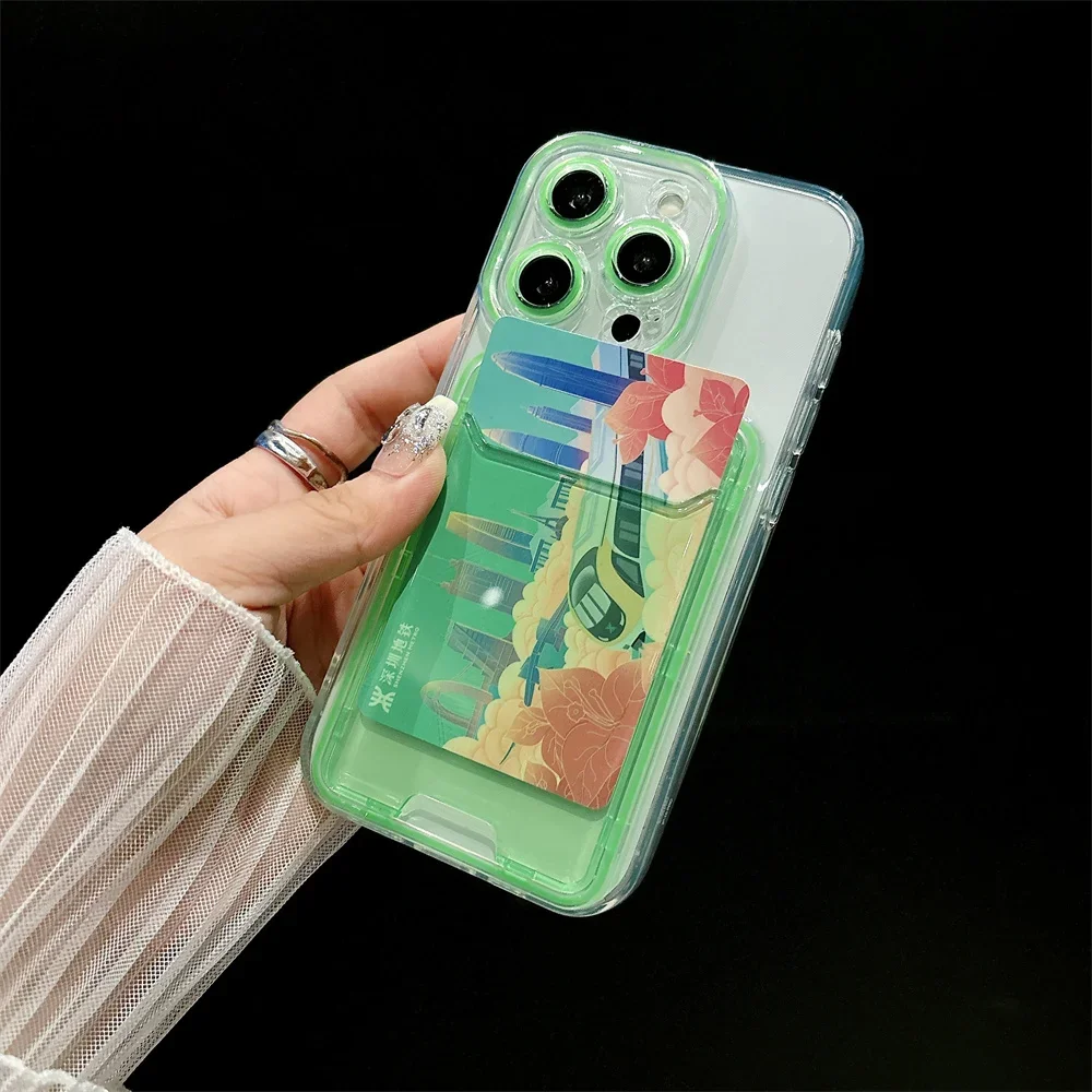Transparent Card Holder Slot Case for iPhone 16 15 14 Pro Max Plus 11 12 13 Wallet Candy Color Contrast Clear Soft TPU Cover 2