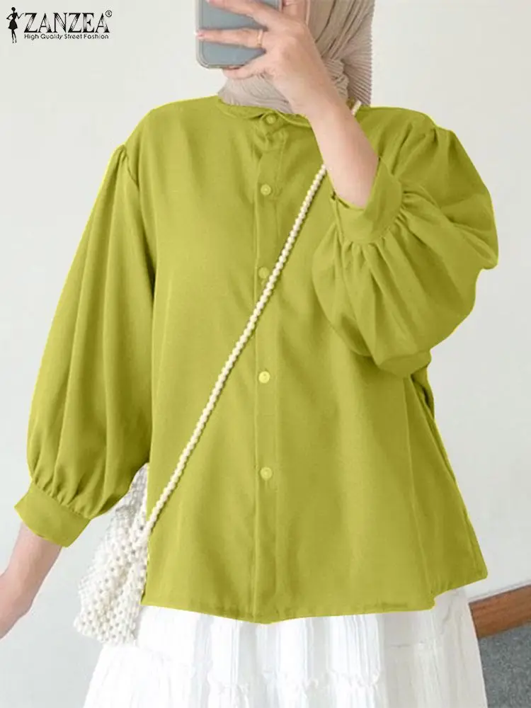 

Мусульманская модная однотонная блузка ZANZEA, осенняя рубашка с круглым вырезом и длинным рукавом, женская элегантная фотография, кафтан, абайя, изящная одежда