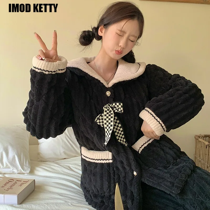Warm Thick Sleepwear Turn-Down Collar Home Clothes Casual Nightwear Cute Girls Pyjamas Coral Fleece Pajama Sets Women Winter