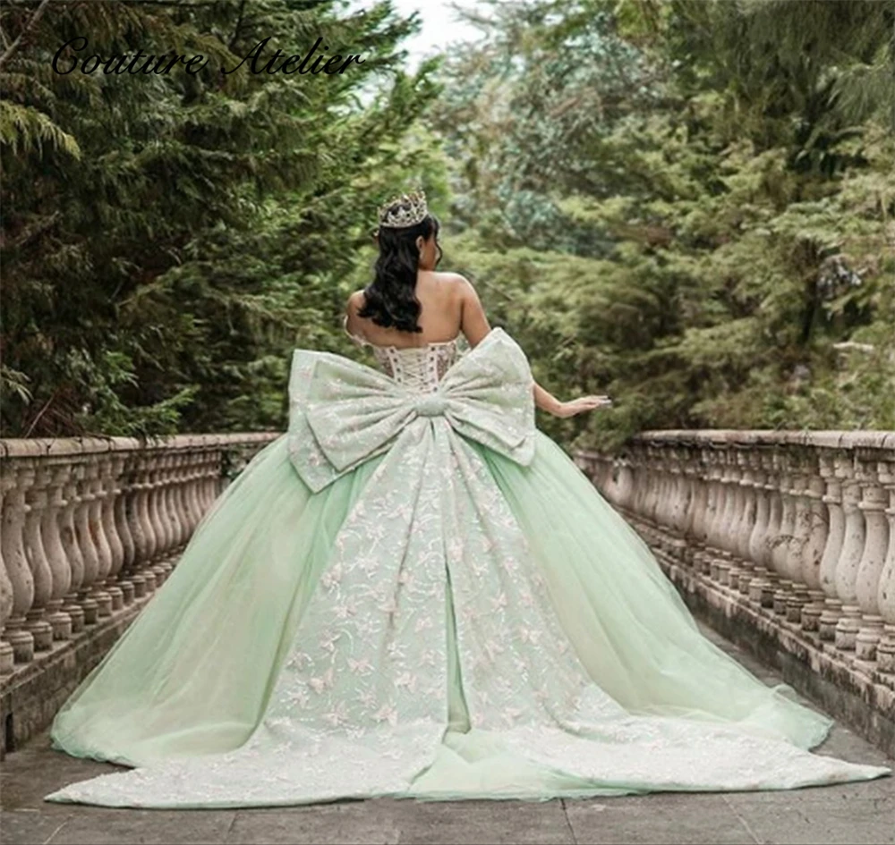 

Sage Green Quinceanera Dresses Pink Butterfliy Bow Ball Gown Birthday Dress Lace Up Princess Sweet 15 16 vestidos de quinceañera