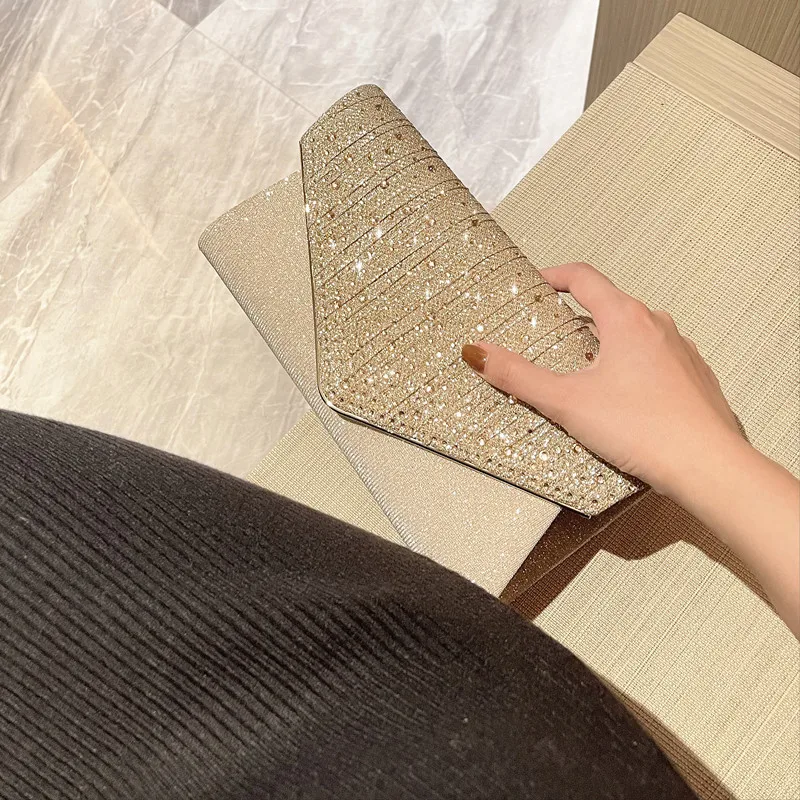 Women's Pleated Sequin Evening Clutch Bag Wedding Purse Bride Handbag Chain Crossbody Bag For Banquet Party Dinner Bag